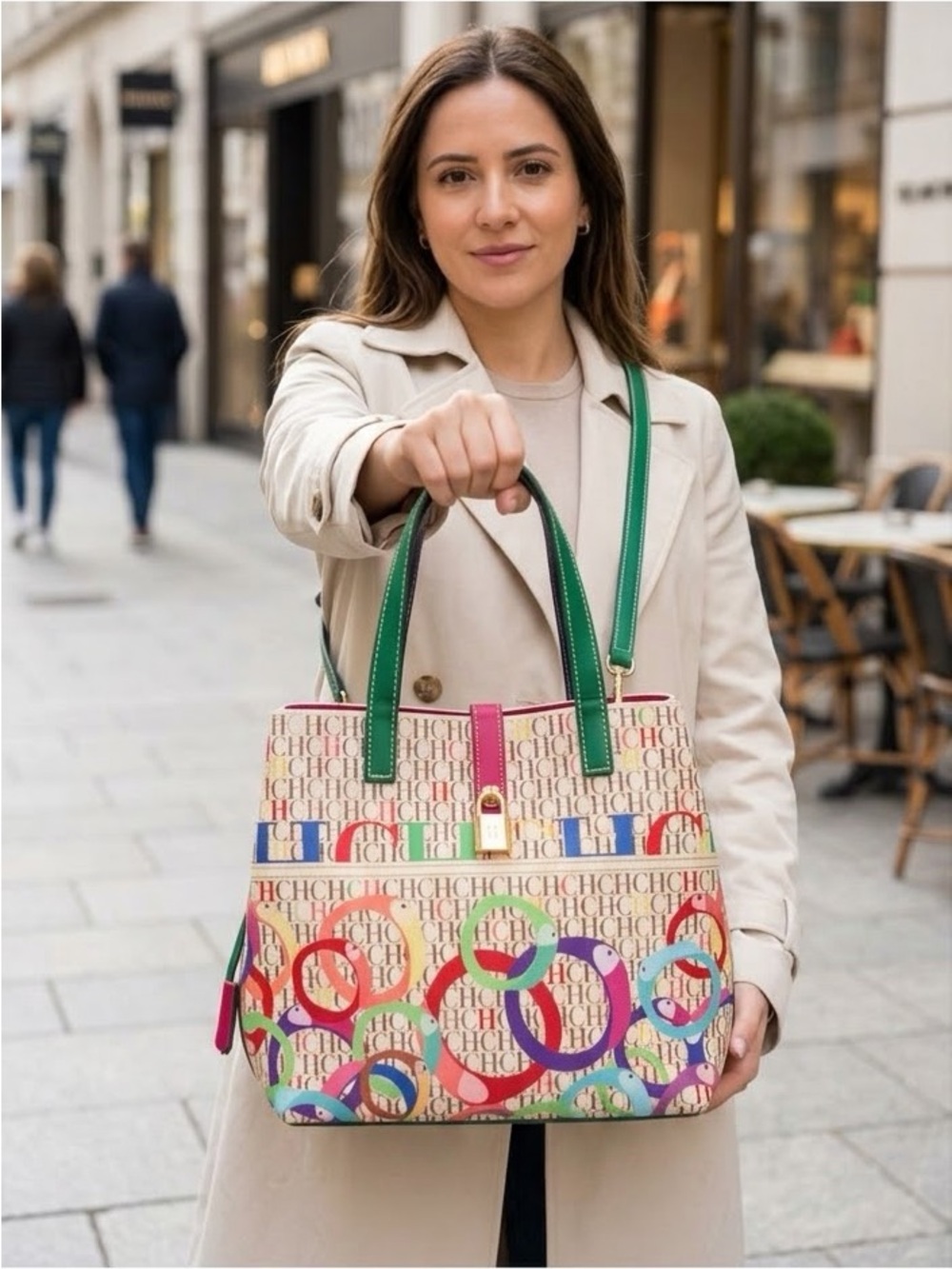 Women's Colorful Mosaic Pattern Tote Bag with Elegant Green Straps & Gold Clasp